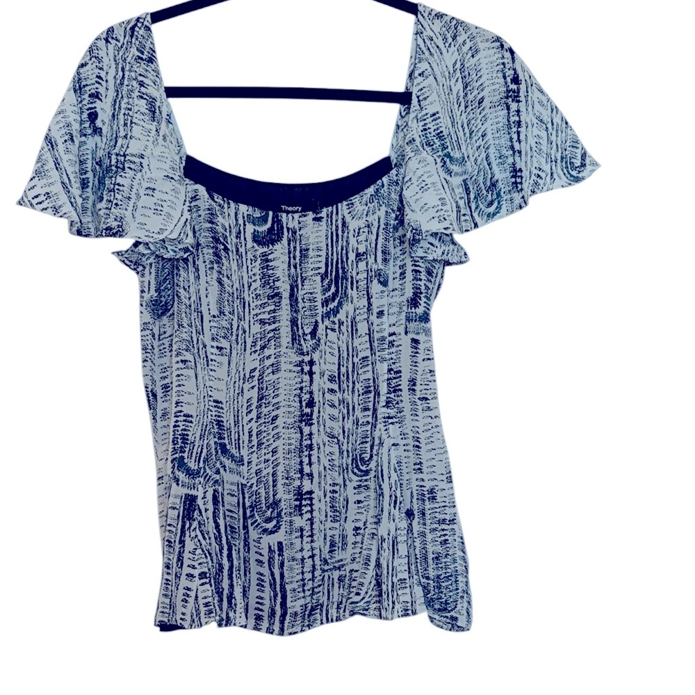 Theory 100% Silk top with flare sleeves, dark/light blue tones, size 8